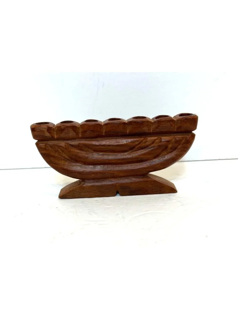 Hand-Carved Wooden Menorah 7 Candle Slots Rustic Brown Finish 6